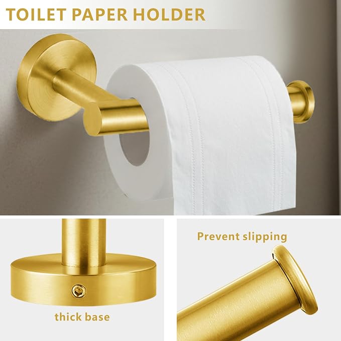 Bathroom Hardware Set Includes Towel Ring, Toilet Paper Holder and 2 Towel Hooks, SUS304 Stainless Steel Modern Wall-Mounted Bathroom Set, Rustproof Bathroom Fitting Set (Brushed Gold)