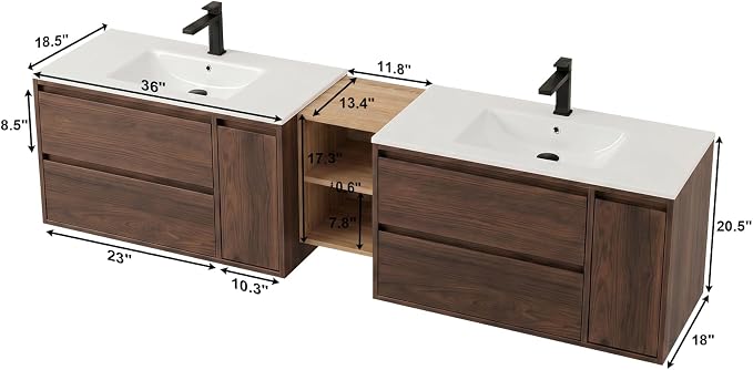 84 Modern Floating Double Sink Bathroom Vanity, Wall-Mounted with Seamless Ceramic Top, Rounded Corners, Full-Extension Soft-Close Drawers & Concealed Drainage (Wood color, 84 inch)