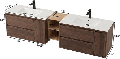 84 Modern Floating Double Sink Bathroom Vanity, Wall-Mounted with Seamless Ceramic Top, Rounded Corners, Full-Extension Soft-Close Drawers & Concealed Drainage (Wood color, 84 inch)