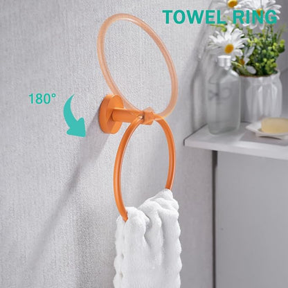 Bathroom Hardware Set,5 Pieces Bathroom Towel Bar Set,24 inch Towel Bar,Towel Ring for Bathroom,Robe Towel Hooks,Toilet Paper Holder Wall Mounted(Drilling),Orange,SE96006S-5HOR