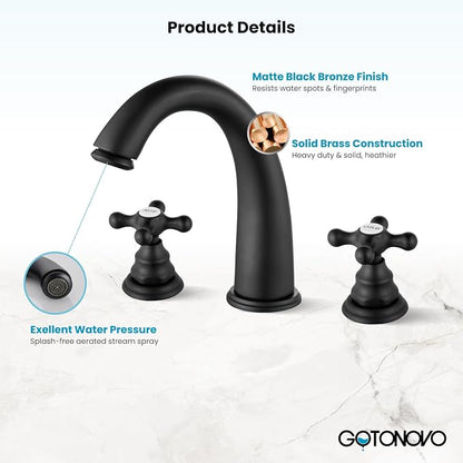 gotonovo Widespread Bathroom Sink Faucet 3 Hole Matte Black,H&C Label | Vintage 8’’ Bathroom Faucet,2 Cross Handle,6-16’’ Sink,Vanity,RV,Farmhouse,SUS304,24’’ cUPC Hose,Pop Up Drain,Deck Mount