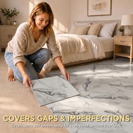 Marble Grain 12x12 Inch Peel and Stick Floor Tile, Ink Vein Marble, 10 PCS | NO Grout, NO Mess, For Kitchen Backsplash, Bathroom Update, Non-Slip & Scratch-Resistant