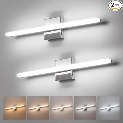 Combuh Vanity Light Fixtures for Mirror, Modern Bathroom Wall Sconce Chrome | 24 Inch Long, Soft Shadow Free, Linear Lamp Bar, Power Room, Luces para Baño, Splash-Resistant, 5 Color Adjustable, 2 Pack