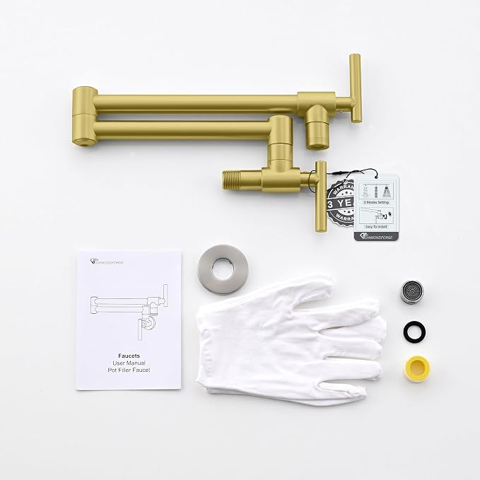 Pot Filler Faucets - for Kitchen, Sink, Stove and Bar with Brass Wall Mount Double Joint Swing Arms - Leak Free Designs with High-Flow Aerators - Retractable and Folding Save Space - Brushed Gold