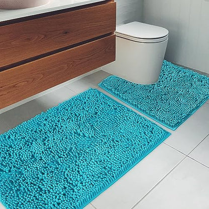 Bathroom Rugs Chenille Bath mat 2 Piece Set, Super Absorbent, Strong PVC Non Slip Backing, Bath mats for Bathroom, Plush Shaggy, Thick, Machine Washable, Bathtub, Toilet.(Turquoise)