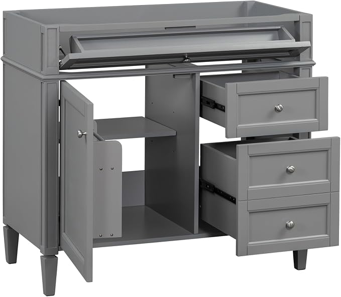 Merax 36'' Bathroom Vanity Without Top Sink, Solid Rubberwood Frame Cabinet | Modern Bathroom Vanity Storage Cabinet with 2 Drawers, Tip-out Drawer, Adjustable Shelf, Soft Closing Doors, Grey