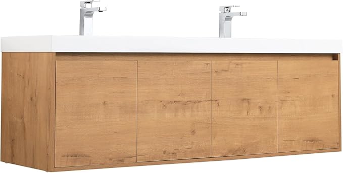 Blossom 60 Inch Wall Mounted Bathroom Vanity with Sink | Floating Wood Vanity Cabinet | Modern Soft-Close Doors & Storage | Space-Saving Design (Classic Oak, 60'' Acrylic Double Sink)