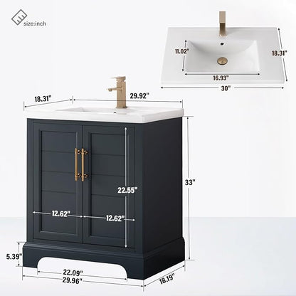 HOMEBEYOND 30 Inch Bathroom Vanity with Single Sink & Ceramic Top, Vanity Cabinet with Center Countertop Basin, Soft-Closing Doors, Vintage Spruce Blue