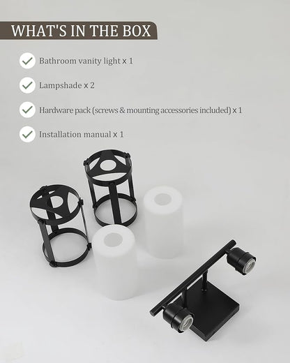2-Light Black Bathroom Light Fixtures with Milk White Frosted Glass, 13.2" UL-Listed Modern Wall Sconce Over Mirror with Metal Cage for Bath, Hardwire E26, OS-3014BKW-2W