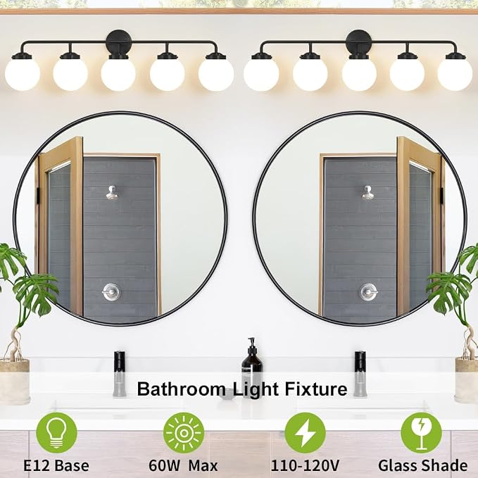 Bathroom Light Fixtures 39in 5-Light Matte Black Vanity Lights for Mirror | Dimmable Bathroom Lighting Fixtures over Mirror, ETL, E12 Base Max 60W, Modern Wall Sconce, Milky White Glass Ball Shades