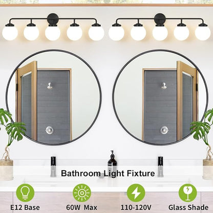 Bathroom Light Fixtures 39in 5-Light Matte Black Vanity Lights for Mirror | Dimmable Bathroom Lighting Fixtures over Mirror, ETL, E12 Base Max 60W, Modern Wall Sconce, Milky White Glass Ball Shades