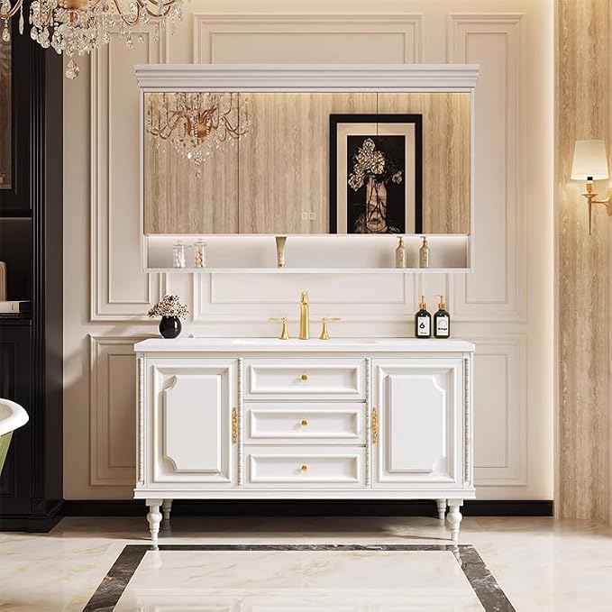 Bathroom Vanity with Single/Double Sink,Smart Defogging Mirror and Cabinet,48-92IN French Elegant Style Solid Wood Floor Standing Vanity