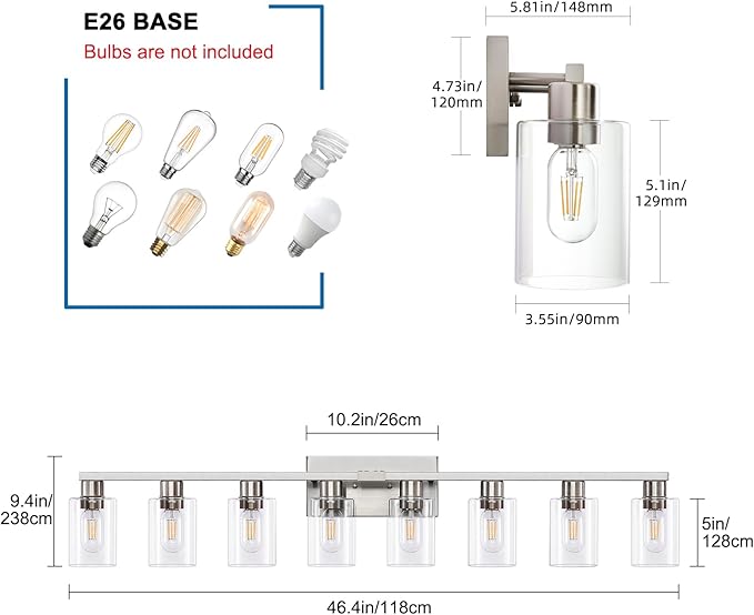 8 Light Bathroom Vanity Light Brushed Nickel Bathroom Light Fixtures 8-Light Vanity Lights for Bathrrom Lights Fixtures Over Mirror Large Wall Sconce with Clear Glass Shade