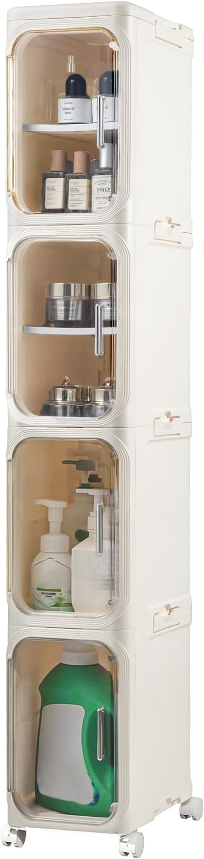4-Tier Narrow Storage Cabinet Slim Bathroom Tall Skinny Organizer,Beige | Foldable Storage Cabinet with Lockable Rolling Wheels Magnetic Clear Door Adjustable Detachable Shelves For Narrow Space