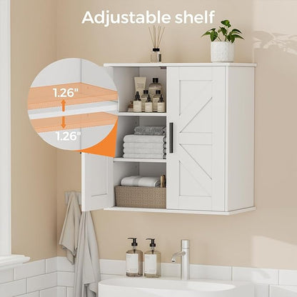Bathroom Wall Cabinet, Over Toilet Storage Cabinet with Barn Doors and Adjustable Shelves, 3-Tier Medicine Cabinet Wall Mounted, for Bathroom, Kitchen, Entryway, Laundry Room, White, (11.8" D)