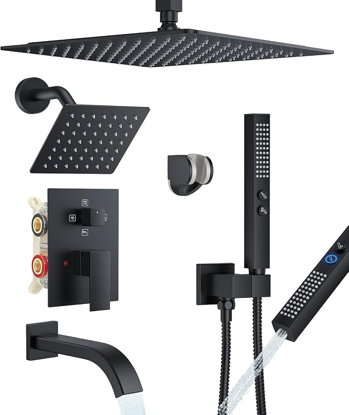 Rain Shower System with Rough-in Valve, Ceiling Mount Shower Faucet Set with 12" & 6" Dual Rain Shower Heads, 2-in-1 Handheld Shower, Tub Spout, 4-Function Complete Shower Fixture, Matte Black