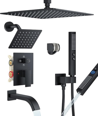 Rain Shower System with Rough-in Valve, Ceiling Mount Shower Faucet Set with 12" & 6" Dual Rain Shower Heads, 2-in-1 Handheld Shower, Tub Spout, 4-Function Complete Shower Fixture, Matte Black