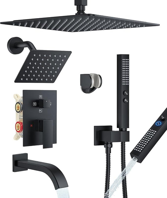 Rain Shower System with Rough-in Valve, Ceiling Mount Shower Faucet Set with 12" & 6" Dual Rain Shower Heads, 2-in-1 Handheld Shower, Tub Spout, 4-Function Complete Shower Fixture, Matte Black
