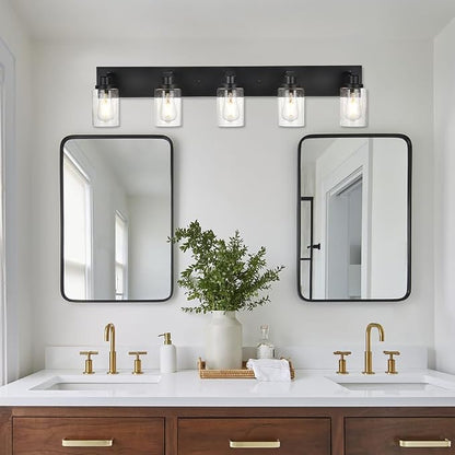 5-Lights Farmhouse Bathroom Vanity Light in Black Finish Wall Mount Lighting Fixtures with Seeded Glass for Mirror Cabinet Kitchen Bedroom