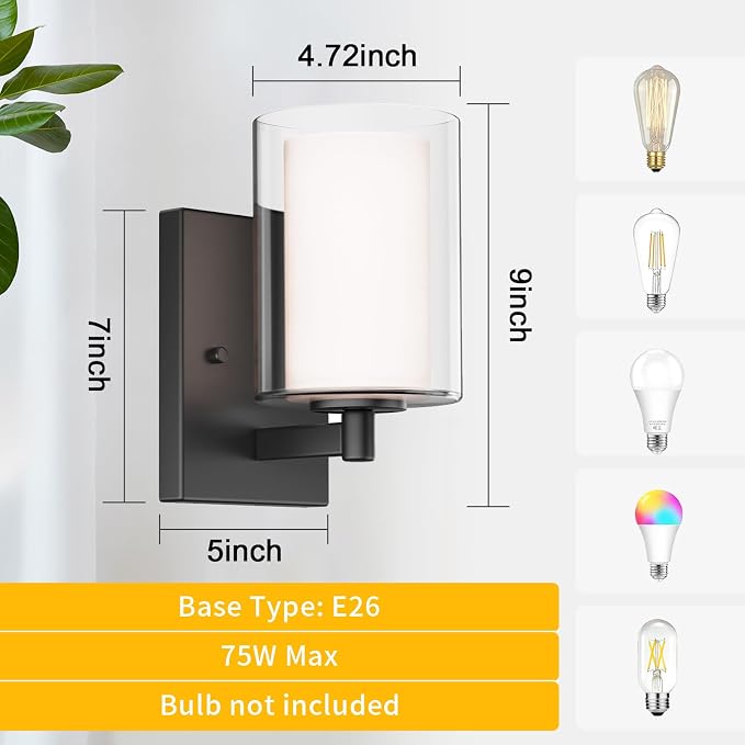 Wall Sconces Set of Two, Modern Matte Black Vanity Wall Lights | Double Clear Glass Shades With E26 Base, Farmhouse Wall Lights For Bathroom, Bedroom, Living Room, Mirror And Hallway.