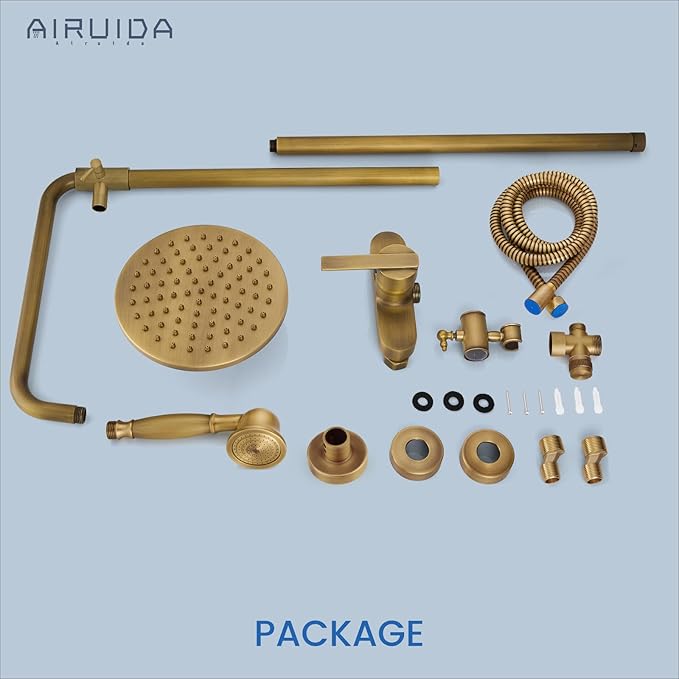 Airuida Exposed Shower System, 8 Inch Rainfall Shower Head with Handheld Spray, Single Handle Wall Mount Shower Faucet Set, Solid Brass Dual Function Exposed Pipe Fixture for Bathroom,Antique Brass