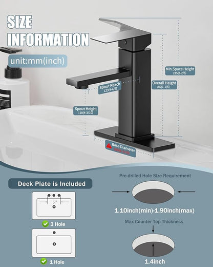 Bathroom Faucets Set with Pop Up Drain, Modern Single Handle Black Bathroom Sink Faucet w/Deck Plate(1 or 3 Hole), Farmhouse RV Vanity Sink Faucet-2 Sets, baño lavamanos Llave