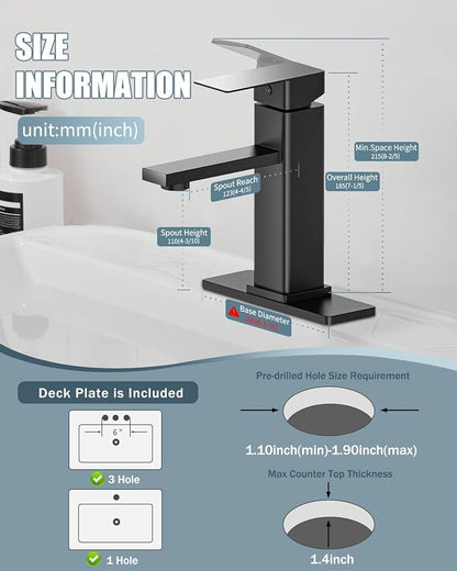 Bathroom Faucet Set with Pop Up Drain, Single Handle Black Bathroom Sink Faucet with Deck Plate, Farmhouse RV Vanity Faucets for Sink (1 Hole or 3 Holes)