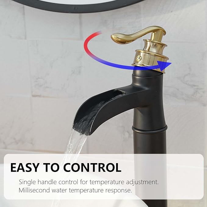 Bathroom Vessel Sink Faucet Waterfall Single Handle Single Hole | Black and Gold,Brass,Pop Up Drain without Overflow,Supply Line,Easy to Clean,Easy Installation,Rust Resistant,Minimalist