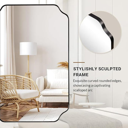 Matte Black Mirror 26x38 Inch, Scalloped Wall Mirror, Unique Rectangular Bathroom Mirror in Premium Stainless Steel Metal Frame 1’’ Deep, Hangs Vertically/Horizontally