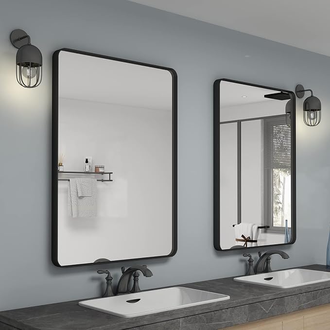 16x24 Inch Black Metal Framed Bathroom Mirror for Wall | Matte Black Rectangle Mirror, Rounded Corner, Anti-Rust, HD Glass, Hangs Horizontally or Vertically