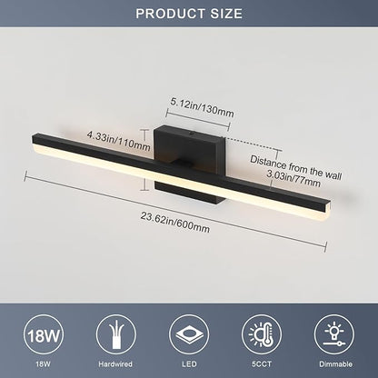 LED Modern Bathroom Vanity Light Fixtures 24 inch Dimmable 5CCT 18W Bathroom Light Over Mirror Black Wall Lighting Fixtures for Mirror 110V AC ETL Certificated