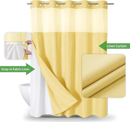 eachope No Hook Linen Texture Shower Curtain with Snap-in Liner,71x80 Gold | 230GSM Thick Fabric,Hotel Luxury Decor,Mesh Top Window,Magnetic Weighted Hem,Waterproof & Machine Washable,for Bathroom