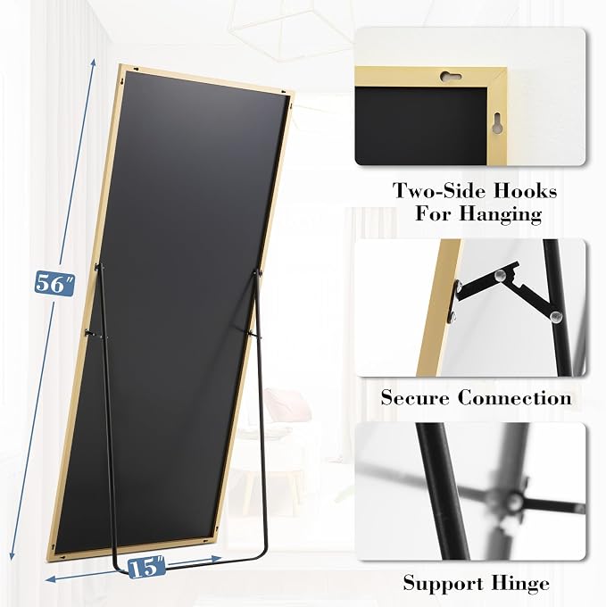 NEWBULIG Full Length Floor Mirror 56"x15", Body Standing Mirror | Wall Hanging or Leaning, Shatter-Proof Glass, Aluminum Alloy Frame with Stand, Home Decor Bedroom, Gold