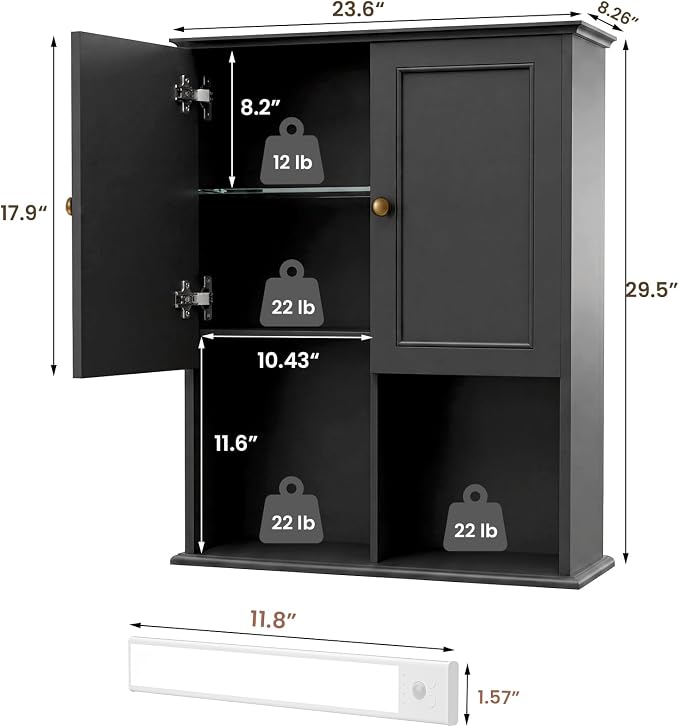 HAIOOU 23.6 inch Bathroom Wall Cabinet with Motion Sensor Light - Black | Wall Mount Medicine Cabinet with Recessed Panel Doors, Adjustable Glass Shelf, Soft Close Hinges for Over the Toilet Storage