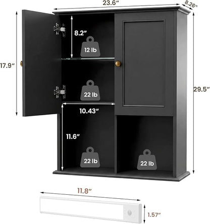 HAIOOU 23.6 inch Bathroom Wall Cabinet with Motion Sensor Light - Black | Wall Mount Medicine Cabinet with Recessed Panel Doors, Adjustable Glass Shelf, Soft Close Hinges for Over the Toilet Storage