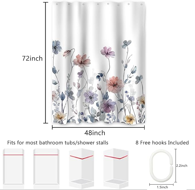 AWERT Wildflower Stall Shower Curtain for Bathroom Watercolor Floral Half Size Shower Curtain with Hooks Waterproof Flower Printing Fabric Bathroom 36x72inch