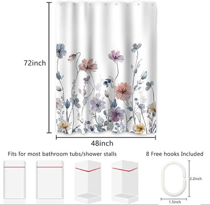 AWERT Wildflower Stall Shower Curtain for Bathroom Watercolor Floral Half Size Shower Curtain with Hooks Waterproof Flower Printing Fabric Bathroom 36x72inch