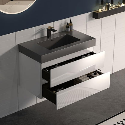 30" Floating Bathroom Vanity with Black Sink, Modern Bathroom Cabinet with Top and Soft Close Drawers, Spacious Storage for Small Space, White - Lavanda Collection