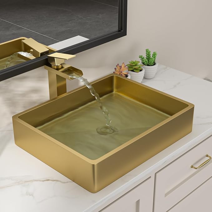 Dcolora 19 In. Gold Drop In Bathroom Vessel Sink, 16 Gauge Stainless Steel, Rectangle Design with Drain Assembly, 15"D x 19"W x 4"H #DC-VS261204