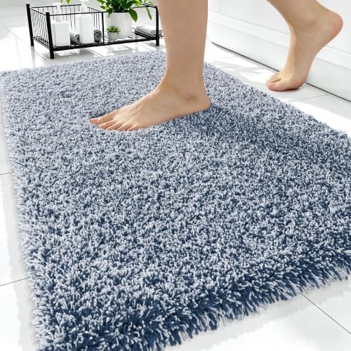 OLANLY Microfiber Bathroom Rugs 34x21, Quick Dry Bath Mat, Navy and White