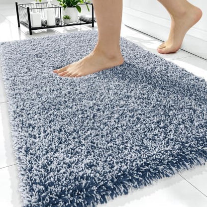 OLANLY Microfiber Bathroom Rugs 34x21, Quick Dry Bath Mat, Navy and White