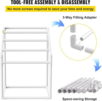 VEVOR Pool Towel Rack, 5 Bar, White, Freestanding Outdoor PVC Trapedozal Poolside Storage Organizer, Include 8 Towel Clips, Mesh Bag, Hook, Also Stores Floats and Paddles, for Beach, Swimming Pool