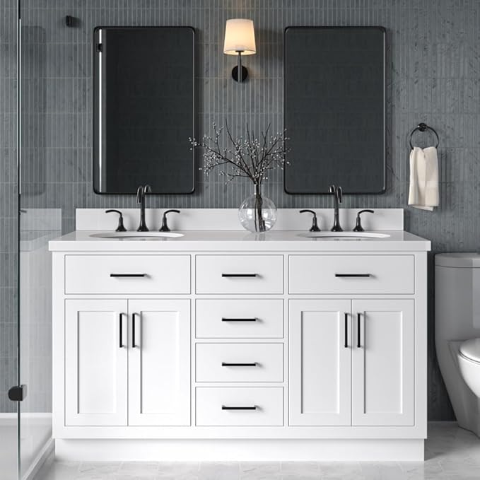 ARIEL Hepburn 60-inch Bathroom Vanity with Sink,Solid Wood, 1.5-inch Pure White Quartz Countertop & Backsplash, Double Oval Porcelain Sink, 4 Soft Closing Doors, 6 Dovetail Drawers, White