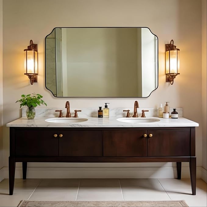 30"x48" Brushed Bronze Rectangle Mirror, Large Scalloped Bathroom Mirror in Premium Stainless Steel Frame, Timeless Shape with Unique Flair, Ideal for Home Remodel (Vertical/Horizontal)