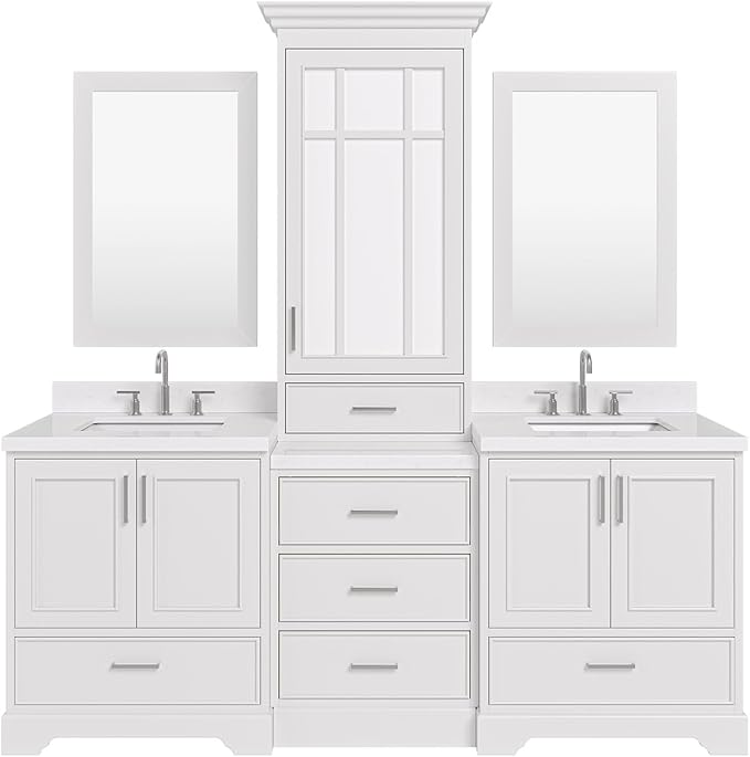 ARIEL Stafford 84-inch Bathroom Vanity with Sink,Solid Wood, 1.5-inch Carrara White Quartz Countertop, Double Rectangular Porcelain Sink, 5 Soft Closing Doors, 6 Dovetail Drawers, White