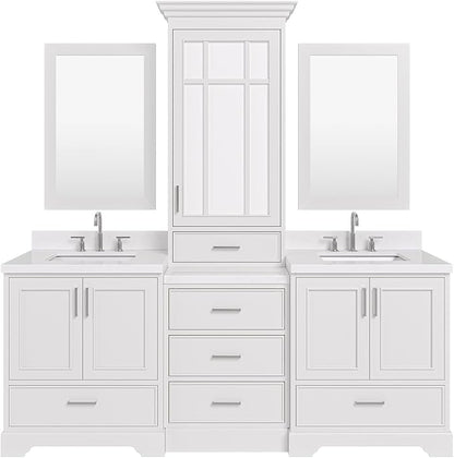 ARIEL Stafford 84-inch Bathroom Vanity with Sink,Solid Wood, 1.5-inch Carrara White Quartz Countertop, Double Rectangular Porcelain Sink, 5 Soft Closing Doors, 6 Dovetail Drawers, White