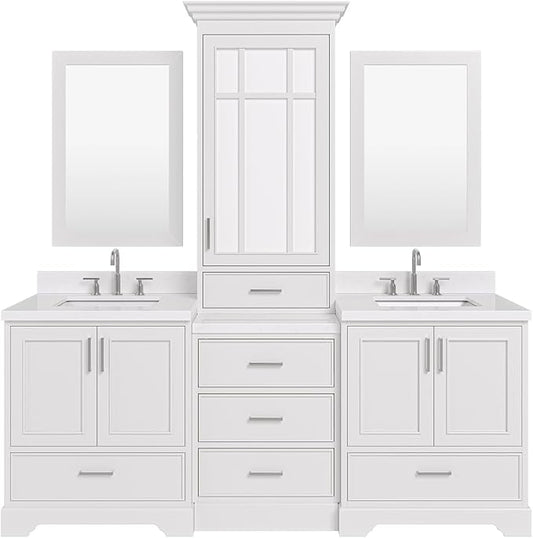 ARIEL Stafford 84-inch Bathroom Vanity with Sink,Solid Wood, 1.5-inch Carrara White Quartz Countertop, Double Rectangular Porcelain Sink, 5 Soft Closing Doors, 6 Dovetail Drawers, White