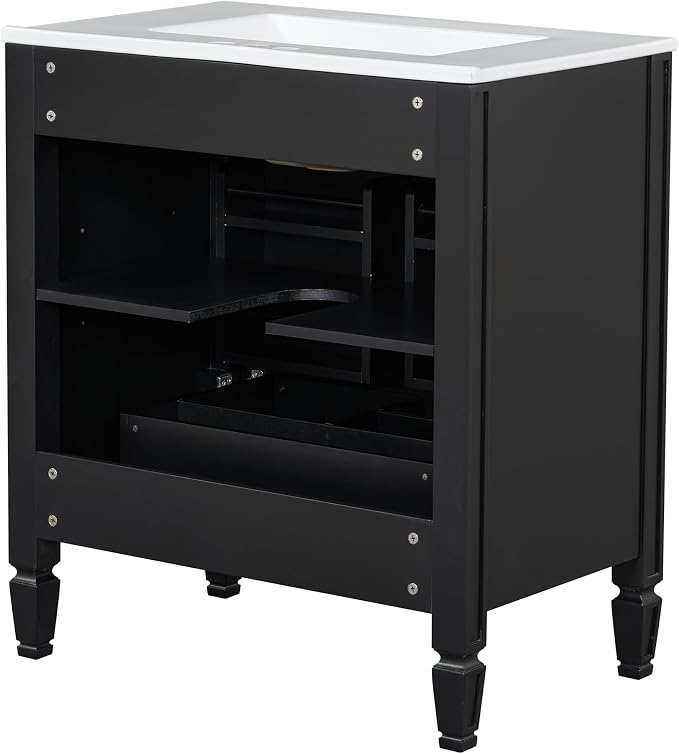 Christopher Knight Home Benton 30" Bathroom Vanity with Ceramic Sink, Rubberwood Frame, Adjustable Shelves, Soft Close Door Hinges, Storage Cabinet with 2-Tier Door Organizer, 1 Drawer, Black
