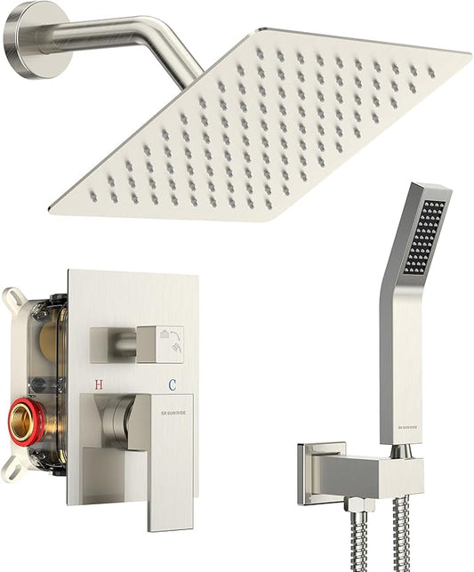 SR SUN RISE Shower Faucet Set - Shower Valve with 8 Inch Rainfall Shower Head and Handheld Shower - Wall Mounted Shower System with Rough In Valve and Shower Faucet Trim Repair Kits - Brushed Nickel