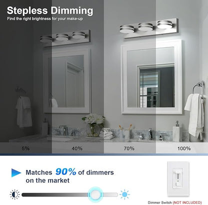 Vanity Lights for Bathroom, 18.9in Brushed Nickel Bathroom Light Fixtures Over Mirror, 3-Light Modern LED Wall Sconce Makeup Lighting, 350° Rotatable, Dimmable 6000K Cool White, Hardwired